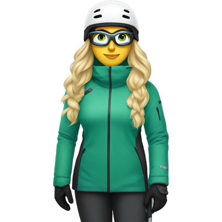 Green-eyed, fat female skier with long straight blonde hair, glasses, white ski helmet, grey snow jacket, long black pants, black only snow boots standing tall. emoji
