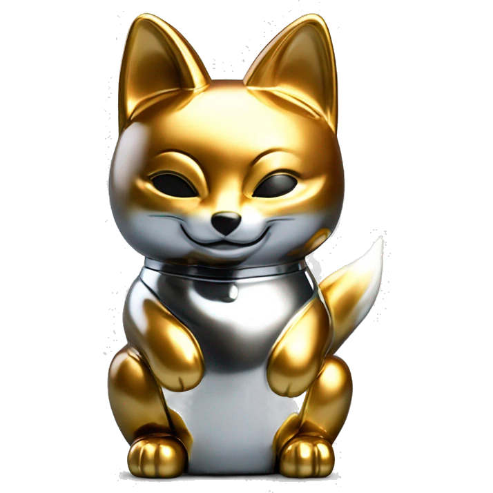 fully chrome fox statue in the form of maneki neko emoji