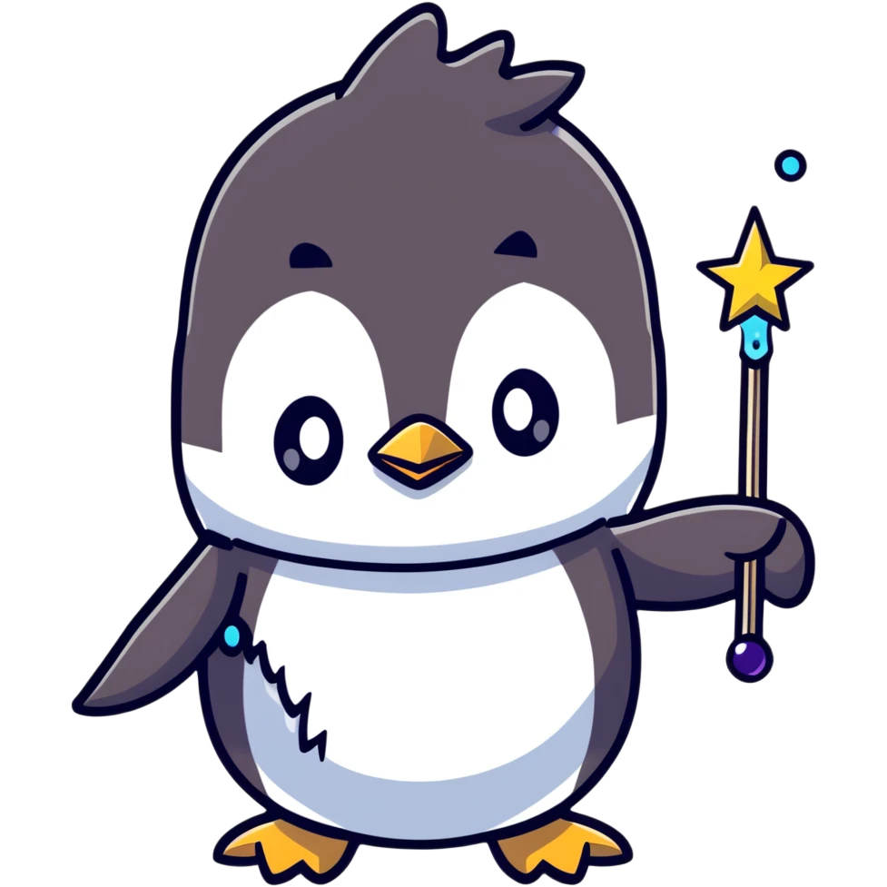 penguin casting magical spells with sparkling wand emoji