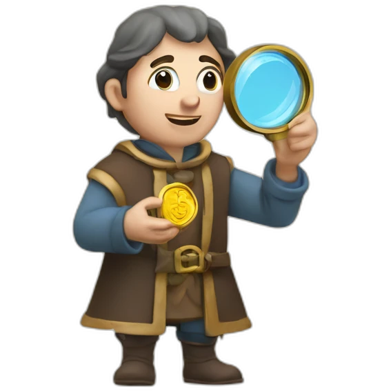 medieval coin collector, looking at a coin with a magnifying lense emoji