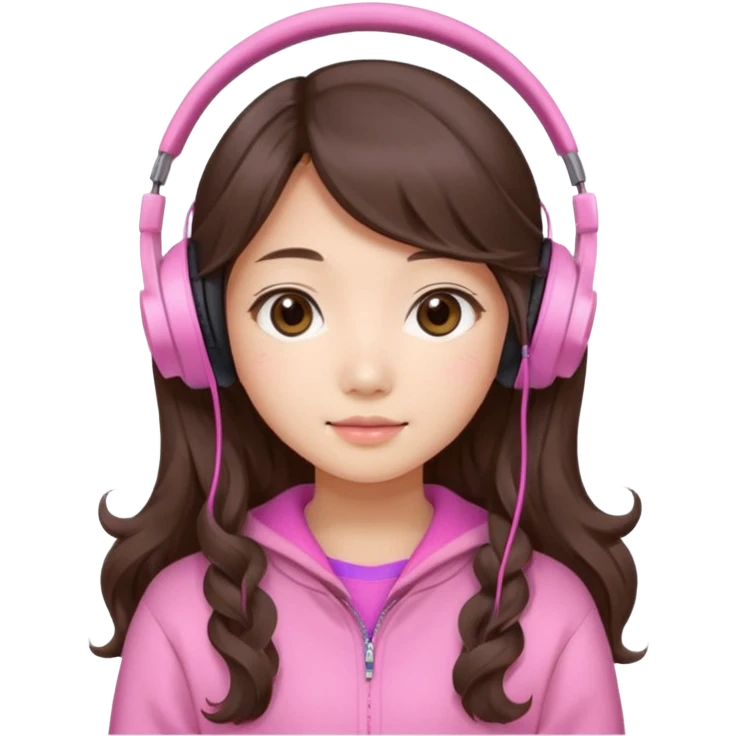a asian japanese girl with wavy long silky brown hair and no bangs. she has a cute pink gaming headphones. she is wearing a cute pink sweater  emoji