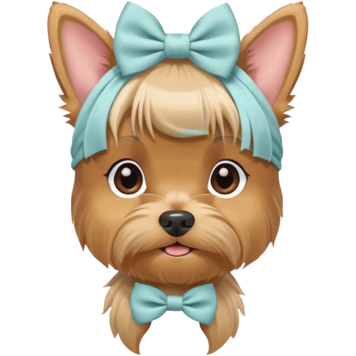 a Yorkshire Terrier face with a ponytail on head tied with a soft beige bow. Cute expression, flat design, pastel colors emoji