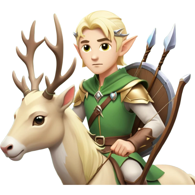 clash-of-clans-aesthetic-blond-male elf-archer-portrait-emoji, rendered in a flat, vector-style with minimal shading and bold, simplified shapes, head tilted slightly forward with a determined, focused expression, riding a majestic white stag whose antlers glow with mystical energy, set against an ancient, enchanted forest backdrop. emoji