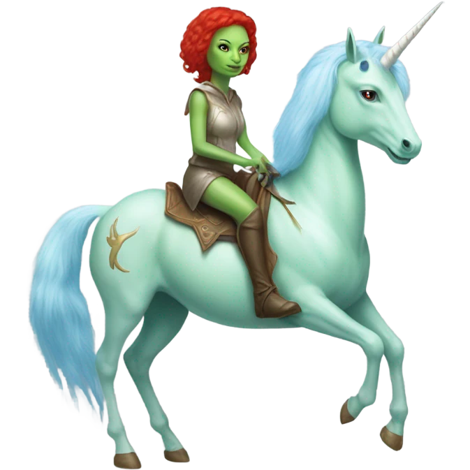 [politically incorrect
	{ woman: alien, color: light green, hair:red, eyes:cat} ]
	on a 
	[{ unicorn: white, legged:four, mane: light blue }] emoji