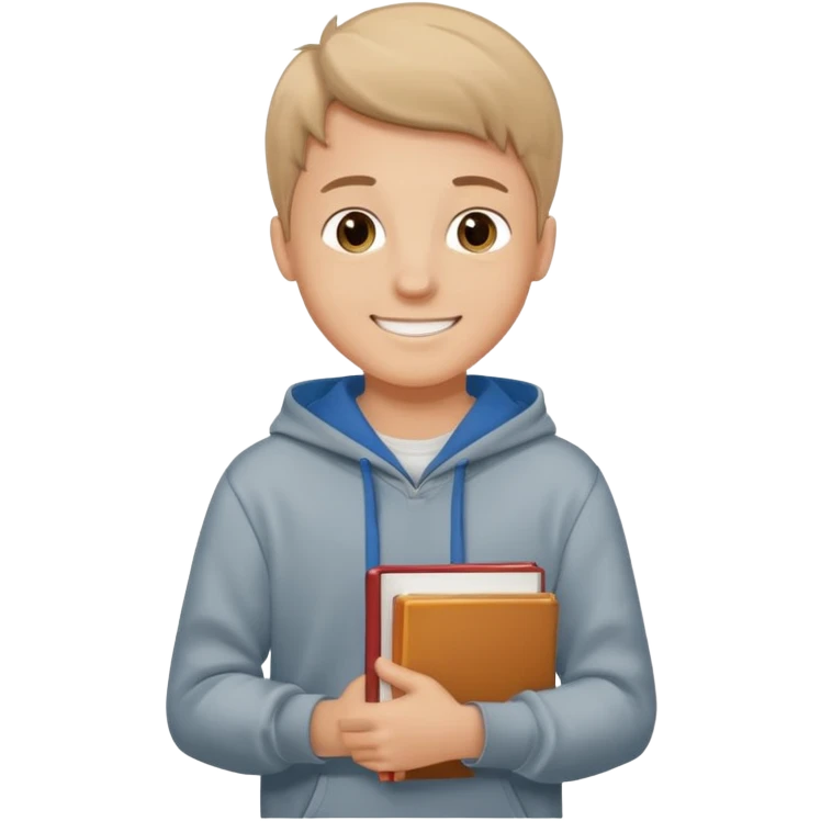 white teenage boy student, wearing a hoodie and jeans, smiling, holding books emoji