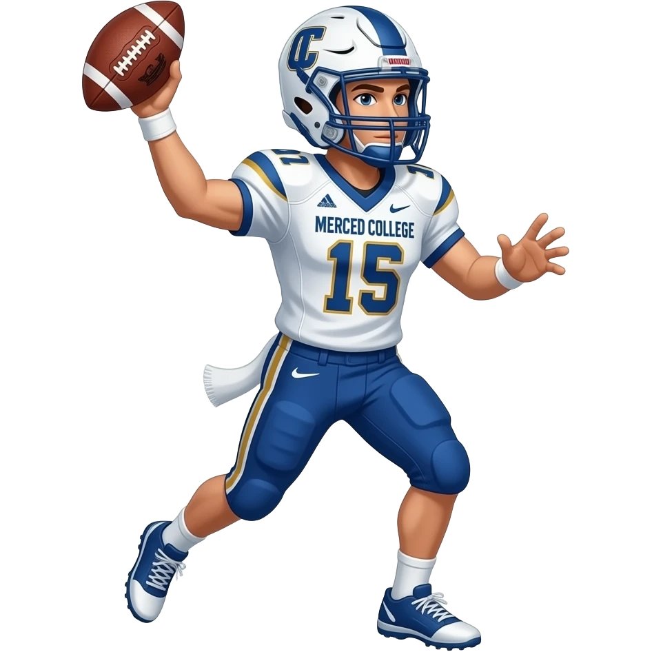 Football player in merced college uniform make him white with brown hair and in a helmet throwing the football emoji