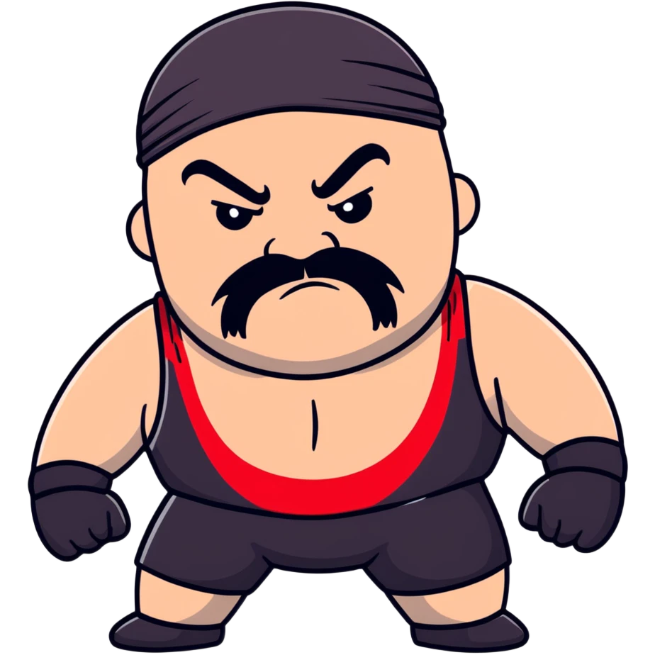 Close-up of extremely fat white skin guy with young face, prominent BLACK DURAG tied clearly on head, distinct black beard and mustache, no muscle, black eyes in a red and black wrestling singlet with angry face emoji