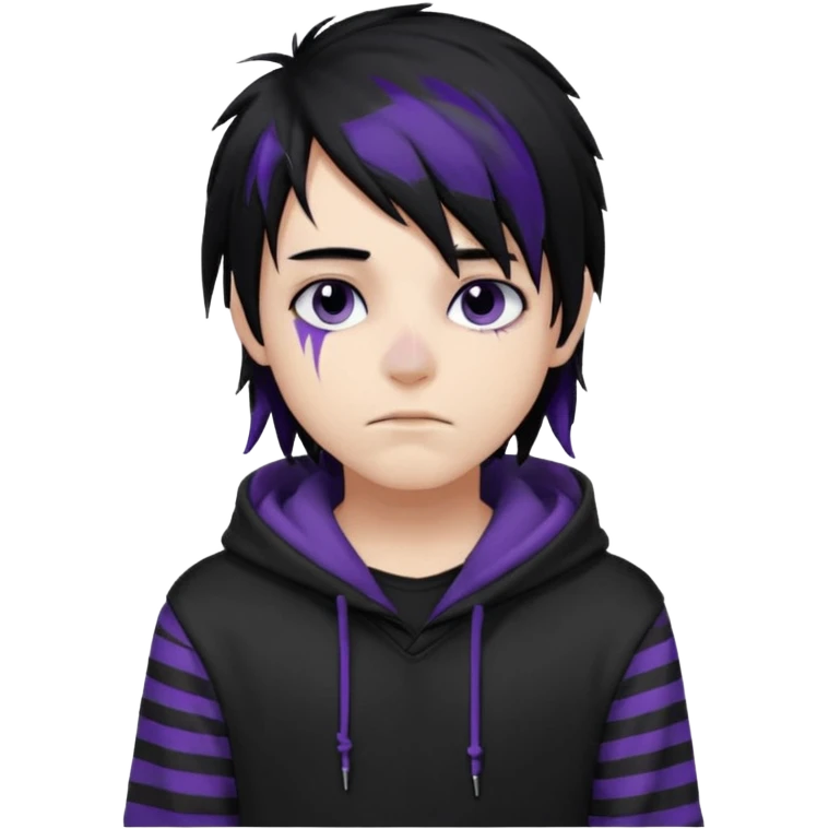 emo teen boy with long one-side messy black hair, dark hoodie with white and purple striped sleeves, piercings on his nose, dark eyeshadow emoji
