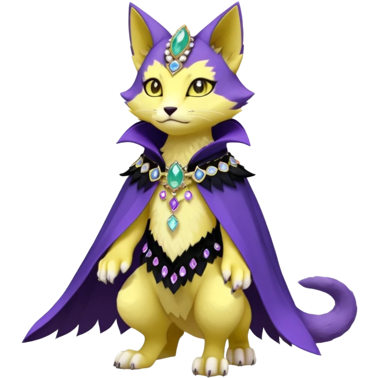 Kawaii cute Violet Yellow Black beautiful pretty elegant divine edgy feline-vernid-sergal-Fakémon-Pokémon-Digimon-fursona-animal-creature, full body, with intricate detailed markings, Embroidered capelet, Gem-studded horn ring emoji