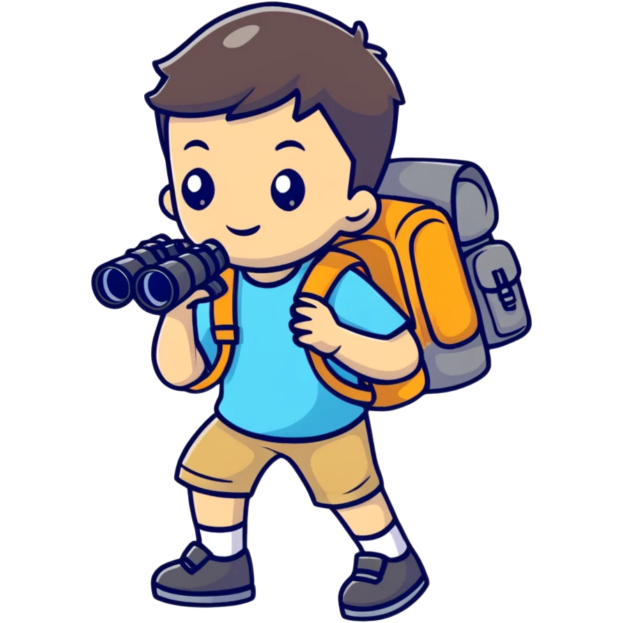 young explorer kid with backpack and binoculars emoji