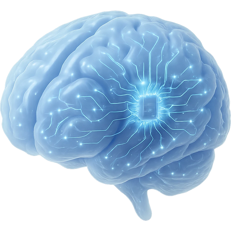 A human brain with transparent jelly-like appearance, showing internal neural connections as circuit-like patterns and small glowing synapses emoji