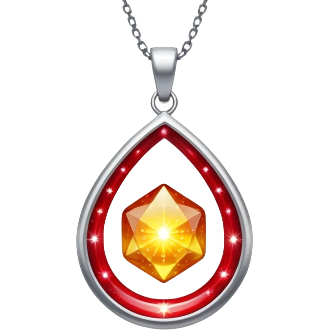 cosmic talisman: red-yellow glowing pendant, liquid silver chain, stardust particles emoji