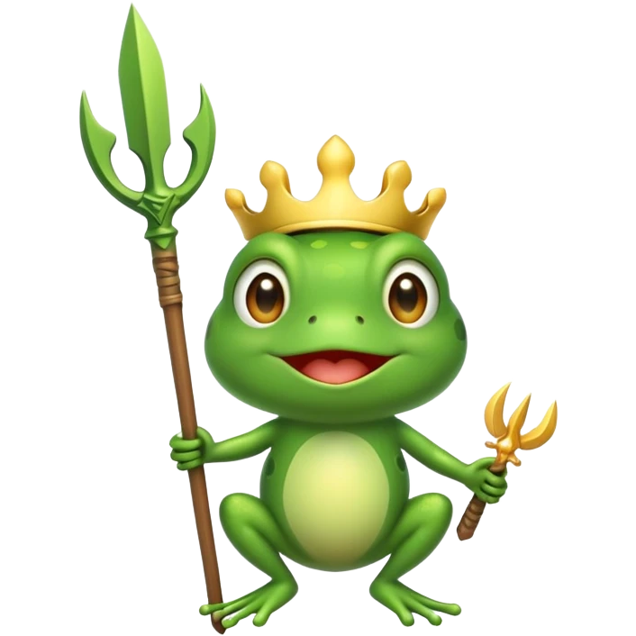 Create a cute frog emoji holding a small Ukrainian trident (tryzub), with a happy expression, in a cartoon style. emoji