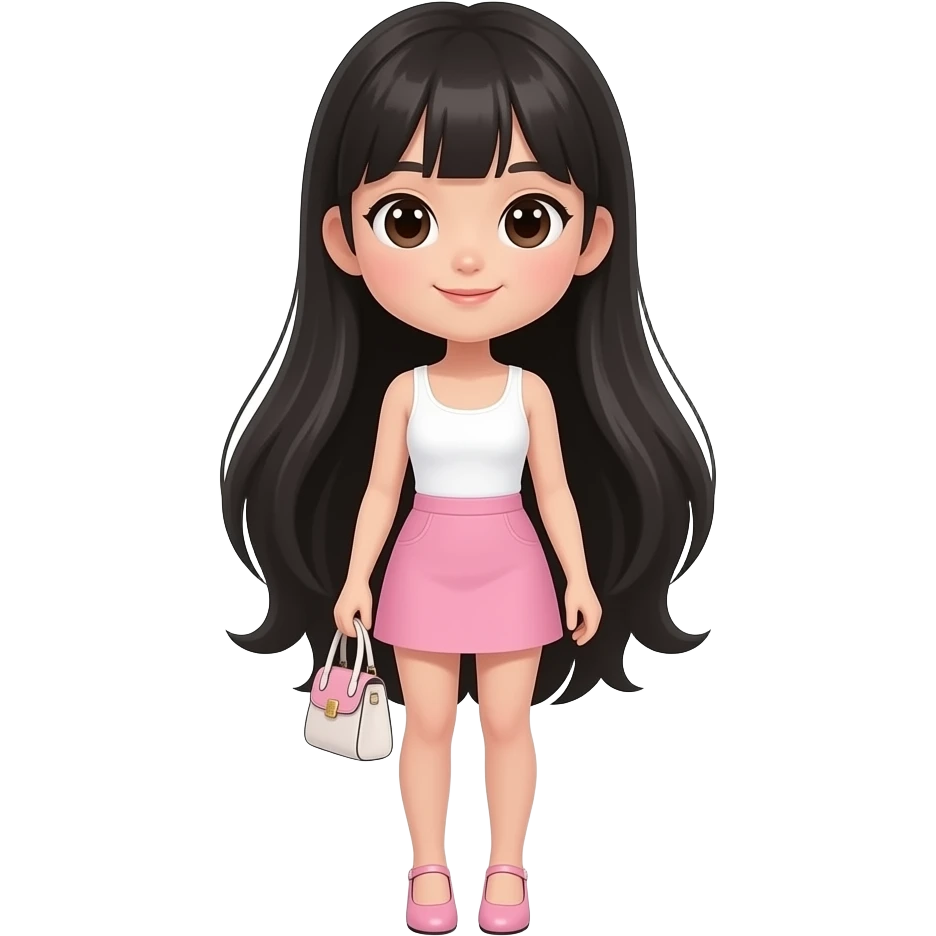 A cute, ethereal Asian girl with long thick shiny black hair, dark brown almond-shaped eyes, full boy, light pink mini skirt, white tank top, light pink heels, light pink and white mini handbag, maler her skinny emoji