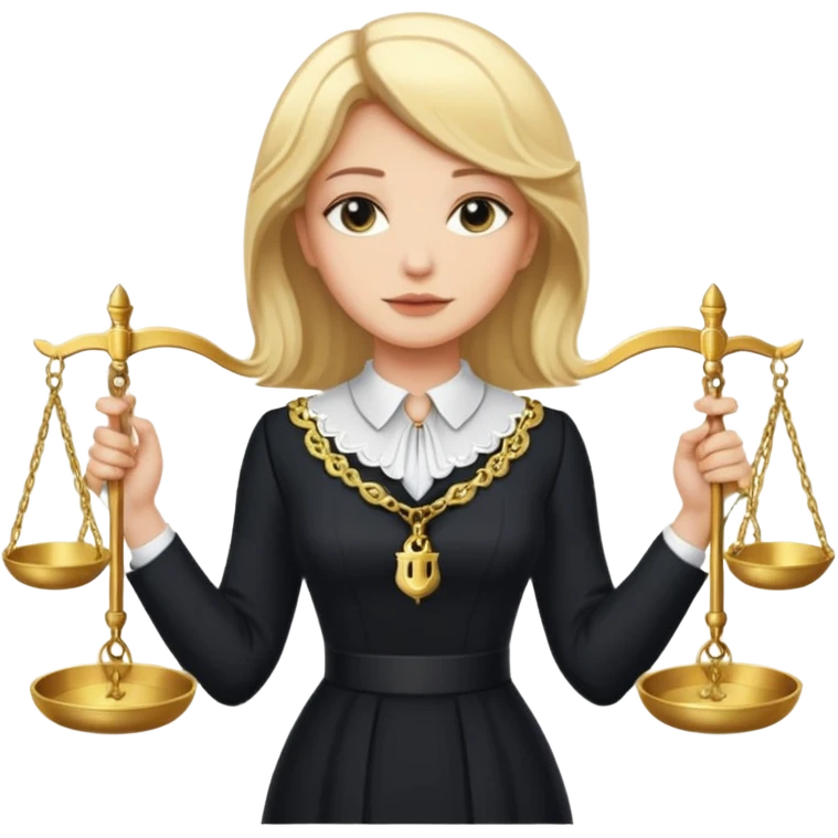 woman lawyer blanche et blonde habillée avec une longue robe noire et un col blanc, avec la balance de la justice derrière elle emoji