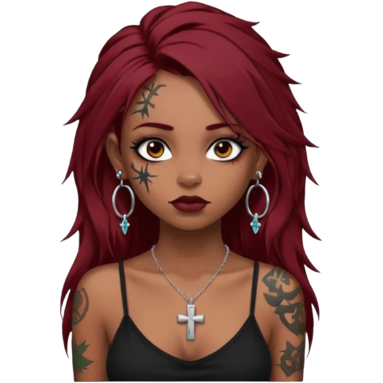 generate an ios genmoji of a dusky girl with long dark red messy hair with eyeliner on her eyes. septum piercing, wearing a cami black top, has tattoos, on shoulders. ear piercings. wearing a cross silver necklace. 


no tattoos on face emoji