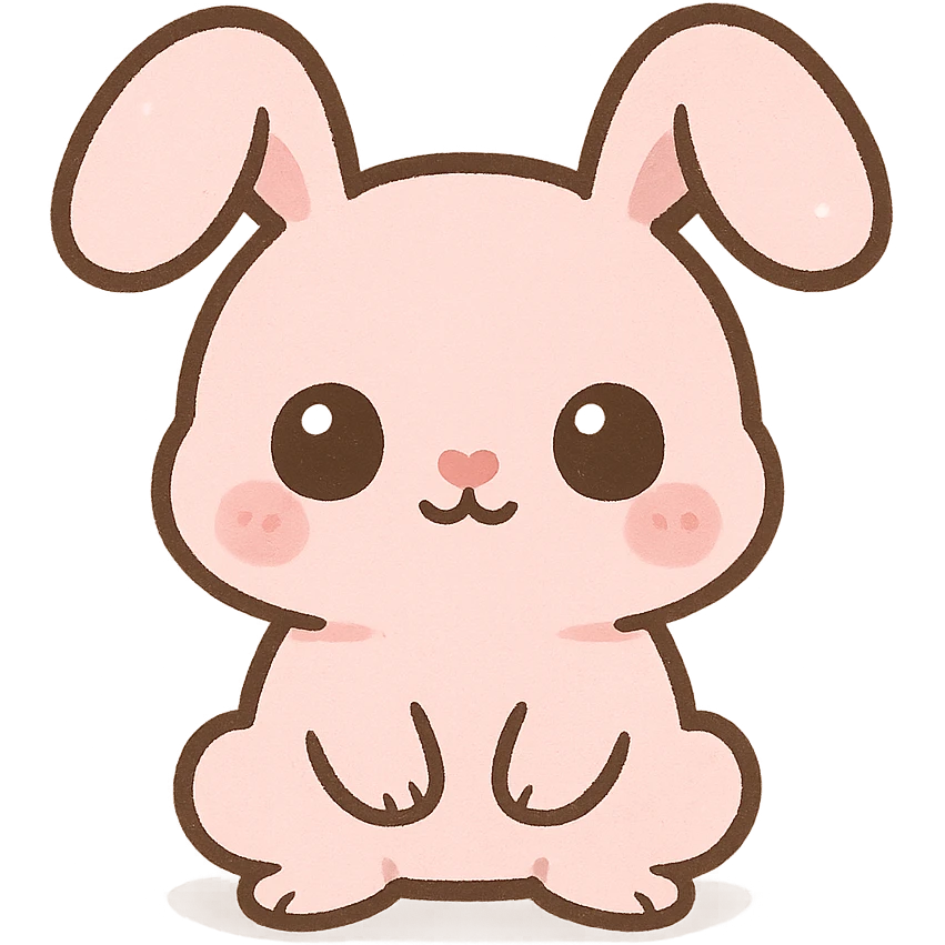 cute pink bunny with big eyes, tiny heart nose, floppy ears, kawaii style emoji
