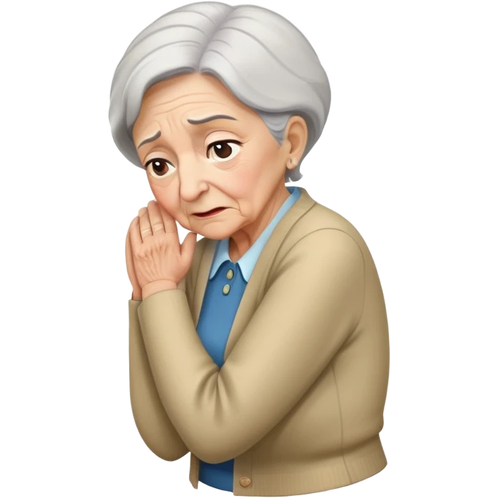 elderly woman bent forward, hand on her back, showing discomfort emoji