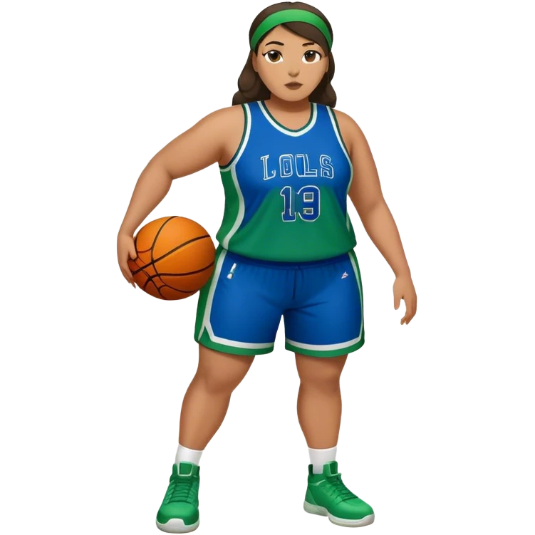 Full Body Latino plus size women basketball player wearing blue and green uniform emoji