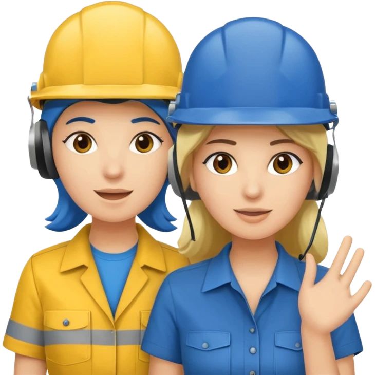 Um homem e uma mulher amarelos com capacete azul escuro e camisa social cinza. Um deles deve estar segurando um megafone  emoji