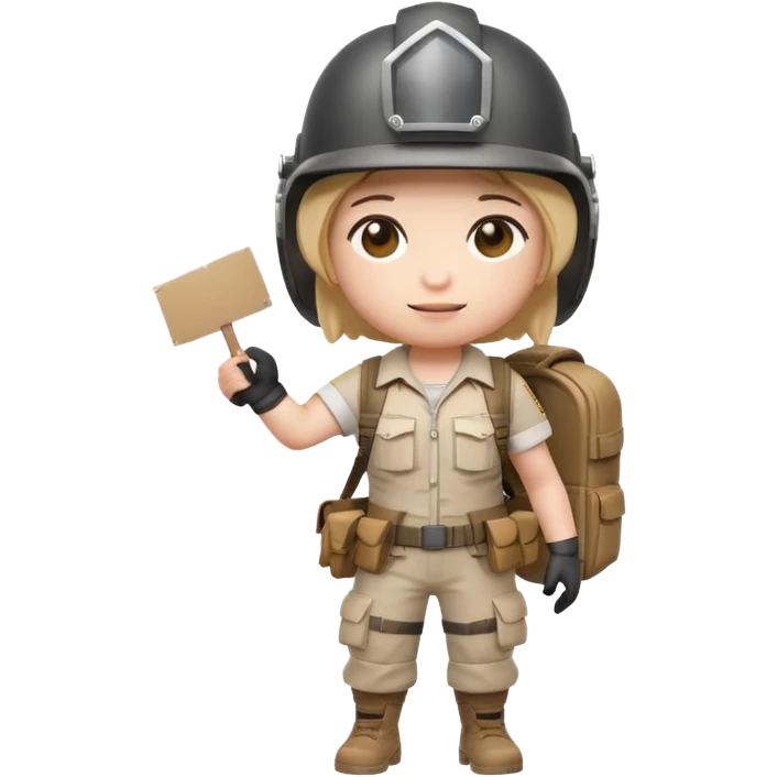 Create a cute emoji-style PUBG Mobile character, chibi version with helmet and backpack, standing in victory pose, holding a blank white sign or paper sheet in both hands in front of chest, ready for text, clean white background, simple emoji design” emoji