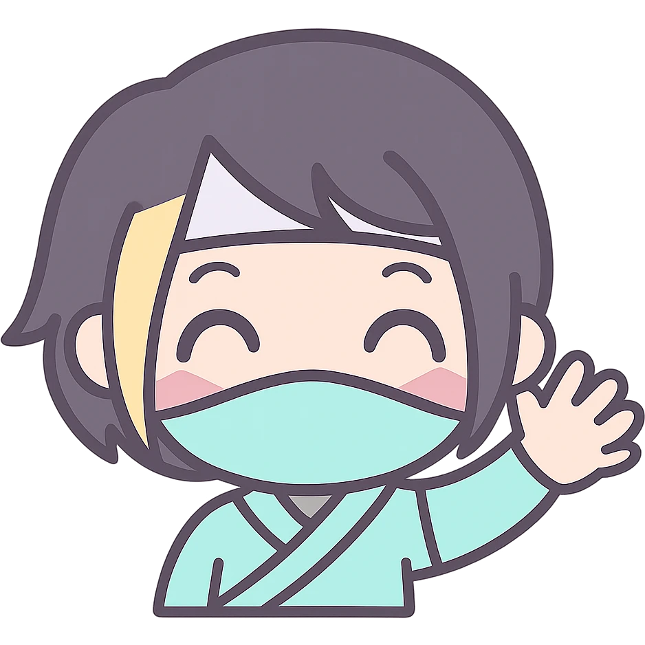 Make the art style more anime: kawaii chibi ninja girl with black short hair and a blonde streak, only head and arms, big sparkling anime eyes, rounder face, small mouth, soft shading, pastel colors, clean outlines, transparent background, no mask, hand fully raised, waving, eyes closed in a happy expression, sized for Twitch emoji use. emoji