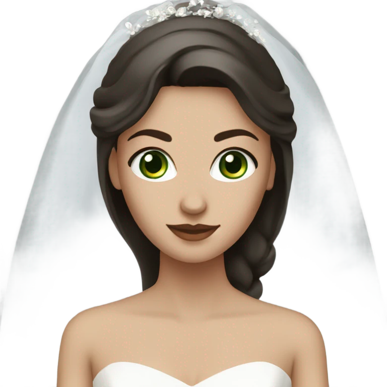 White woman with dark brown straight hair and dark green eyes wearing a wedding dress emoji