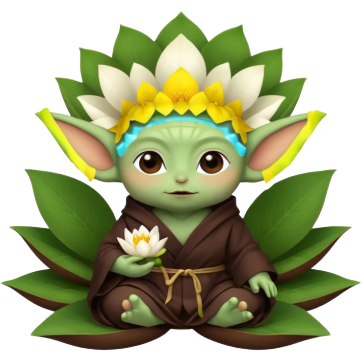 Baby Yoda con su tunica chocolate oscuro sentado dentro de una flor de loto emoji