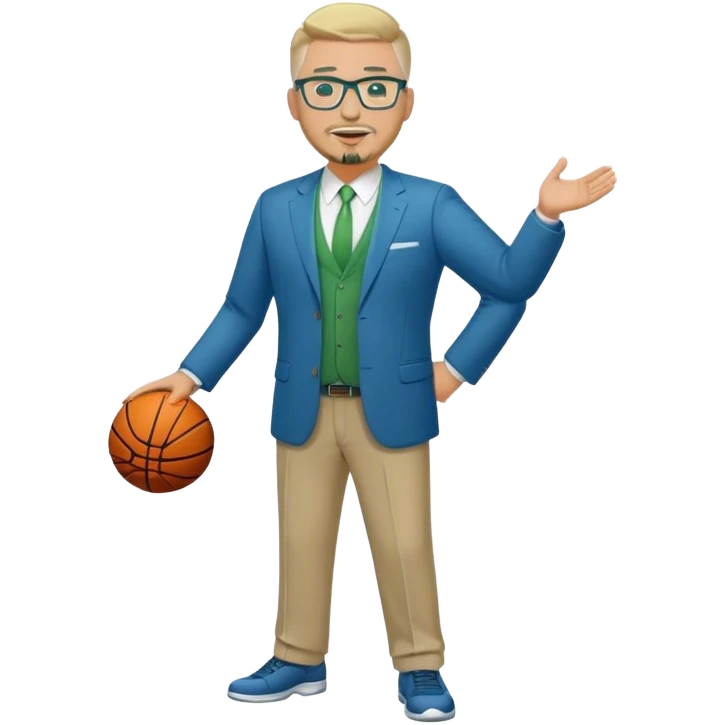 Full Body white male plus size wearing glasses with a goatee with light blonde and gray very short hair happy basketball head Coach in blue and green suit emoji