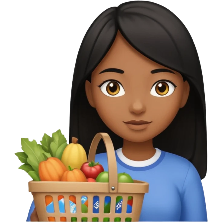 Uma menina morena cabelo liso preto olhos puxados fazendo compra emoji