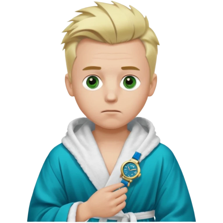 A white man with green eyes, medium-length blond hair in a low mohawk, wearing a blue Cartier watch on his wrist and a luxurious black and white bathrobe, appearing to be about 14 years old, with messy hair and a white pacifier in his mouth. emoji