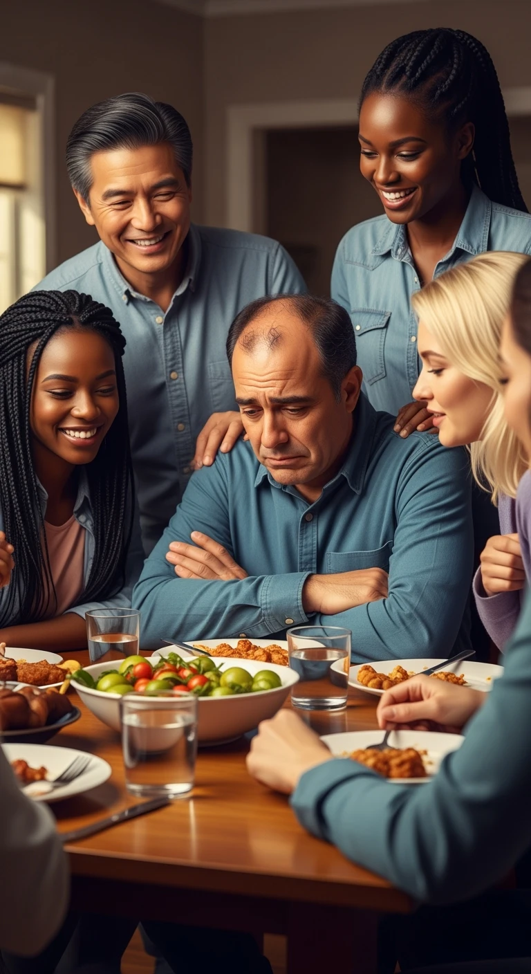GRUPPO DI AMICI A TAVOLA FELICI MENTRE MANGIANO, MENTRE UNA PERSONA CHE è CON LORO NON SI STA DIVERTENDO, NON MANGIA E HA UN'ESPRESSIONE TRISTE, ESPRESSIONE DI DOLORE IN VOLTO, iperrealistico 4k emoji