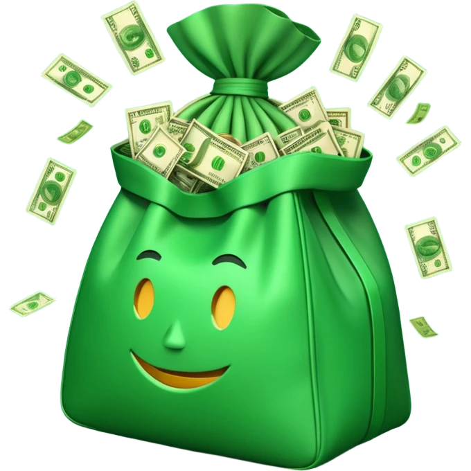 

3D emoji style, big bag of money, flying dollar bills, rich casino vibe, smooth lighting, high detail, clean edges, transparent background



 emoji