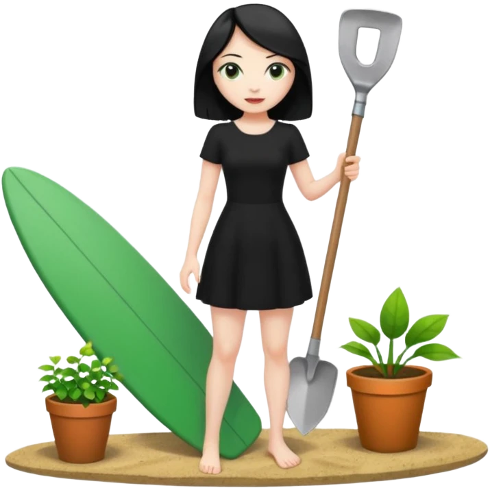 Princess who wearing black dress (woman) black hair holding her phone and a gardening shovel with another hand. She is standing on her feet, there is one green surfing board. emoji