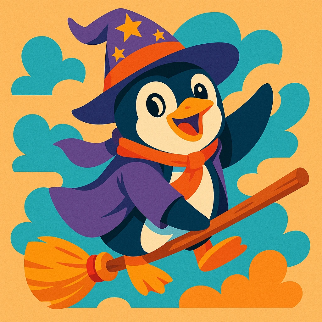 a playful penguin wizard flying on a broomstick, with a whimsical expression, vibrant fun style emoji