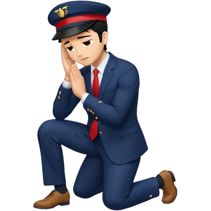 man with black hair, wearing a navy suit, red hat, and navy trousers, kneeling and bowing deeply to the ground with arms and forehead touching the floor, pose expresses apology or deep respect, clear, bold, expressive, standard emoji look emoji