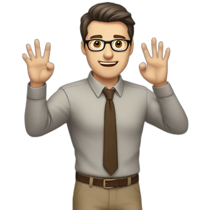To belt Actively gesturing with hands Pale skinned fit man teacher with dark brown hair in gray jacket, beige office shirt, brown tie, brown pants and vintage glasses. emoji