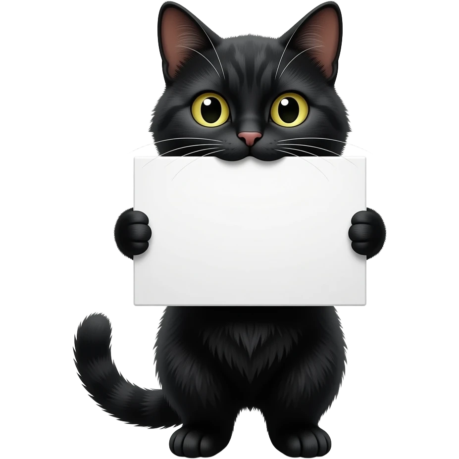 a realistic black cat holding a white sign with its mouth emoji