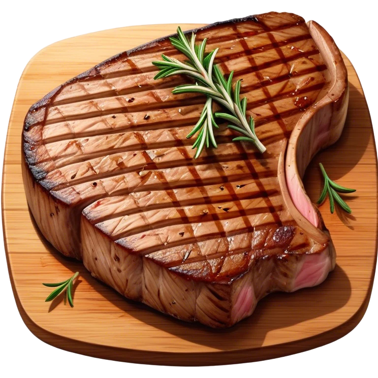 Cinematic thick-cut t-bone steak, perfectly seared with grill marks, a grilled center, rich and savory, warm glow, sizzling and mouthwatering, highly detailed and appetizing. emoji