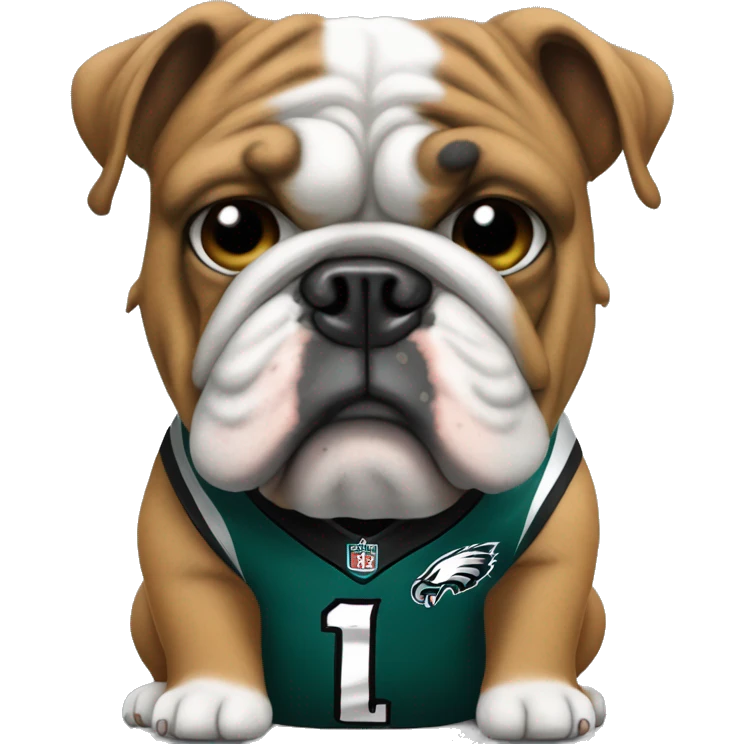 english bulldog wearing a philadelphia eagles jersey. make him sit down and have the view from the side/front emoji