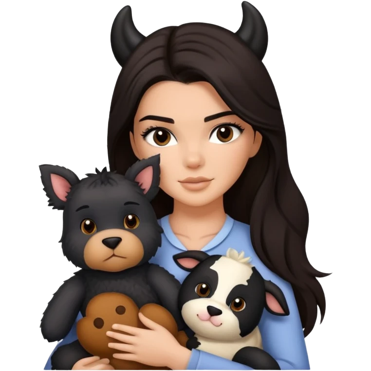 Kendall Jenner with long dark hair holding a brown teddy bear, a black schnauzer and a cow cat in her arms emoji