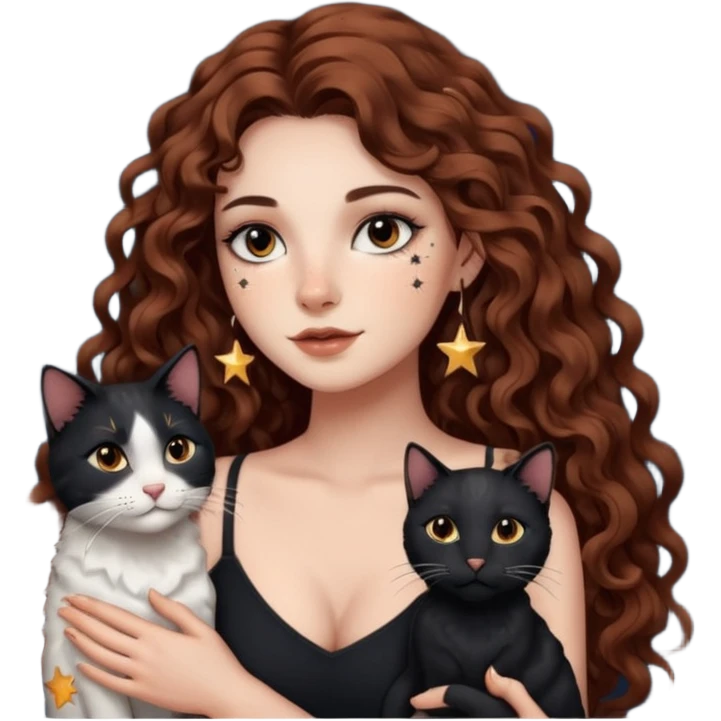 woman with long curly brown hair, brown eyes, white skin, tattoos, black cat made of star constellations beside her emoji