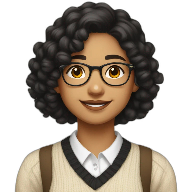smiling indian teenage girl with black curly hair and glasses wearing a collared long sleeve white shirt under a beige v shaped collar sweatervest with no buttons emoji