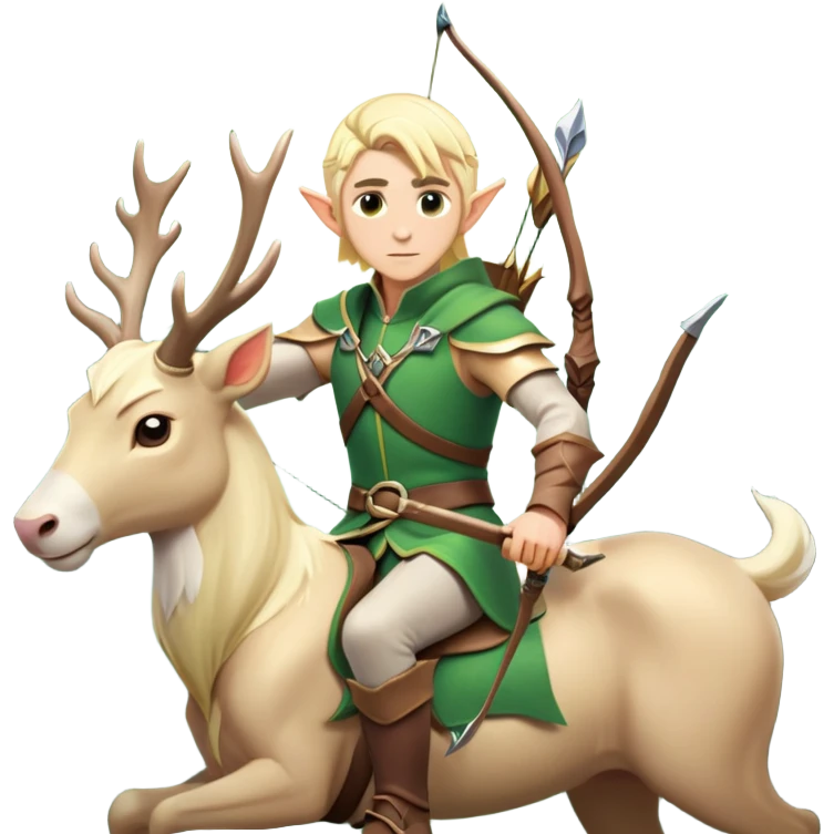 clash-of-clans-aesthetic-blond-male elf-archer-portrait-emoji, rendered in a flat, vector-style with minimal shading and bold, simplified shapes, head tilted slightly forward with a determined, focused expression, riding a majestic white stag whose antlers glow with mystical energy, set against an ancient, enchanted forest backdrop. emoji