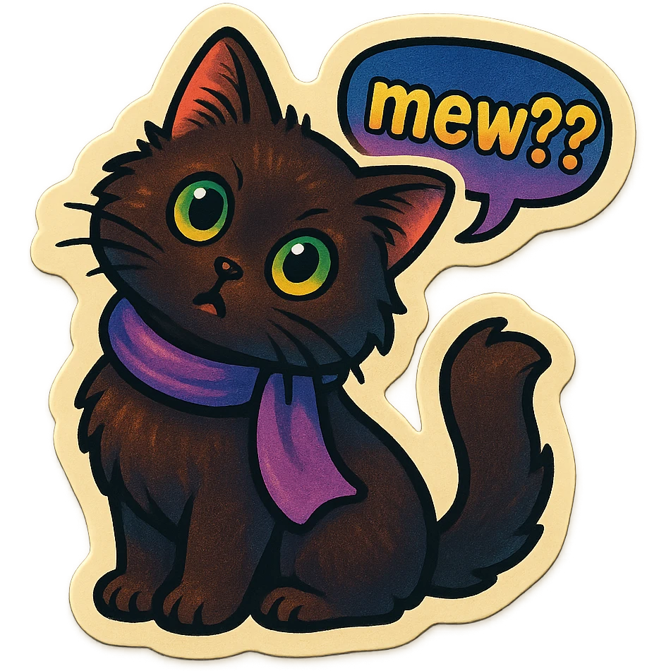Fluffy cute curious confused dark-brown cat with green eyes and a purple scarf saying ‘mew??’ with a tilted head (With a speech bubble) emoji
