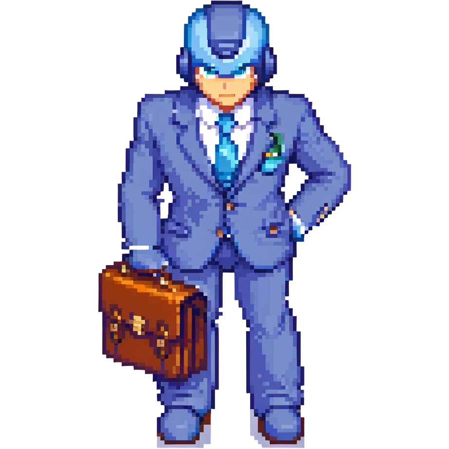 8-bit pixel art icon of a recruiter, Mega Man style, waist-up only, no computer, wearing a suit and tie, holding a briefcase, confident pose emoji