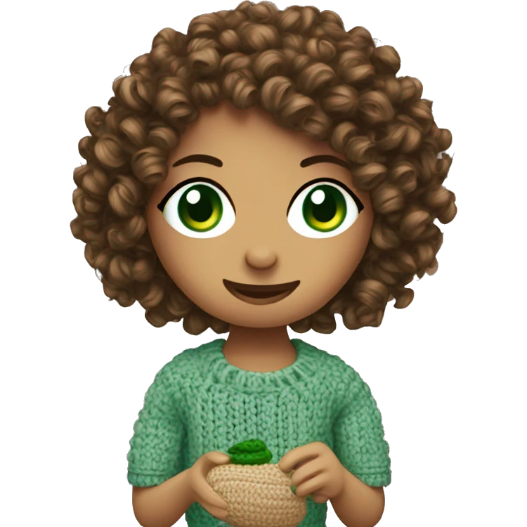 Green eyed Girl with curly hair crocheting a toy emoji