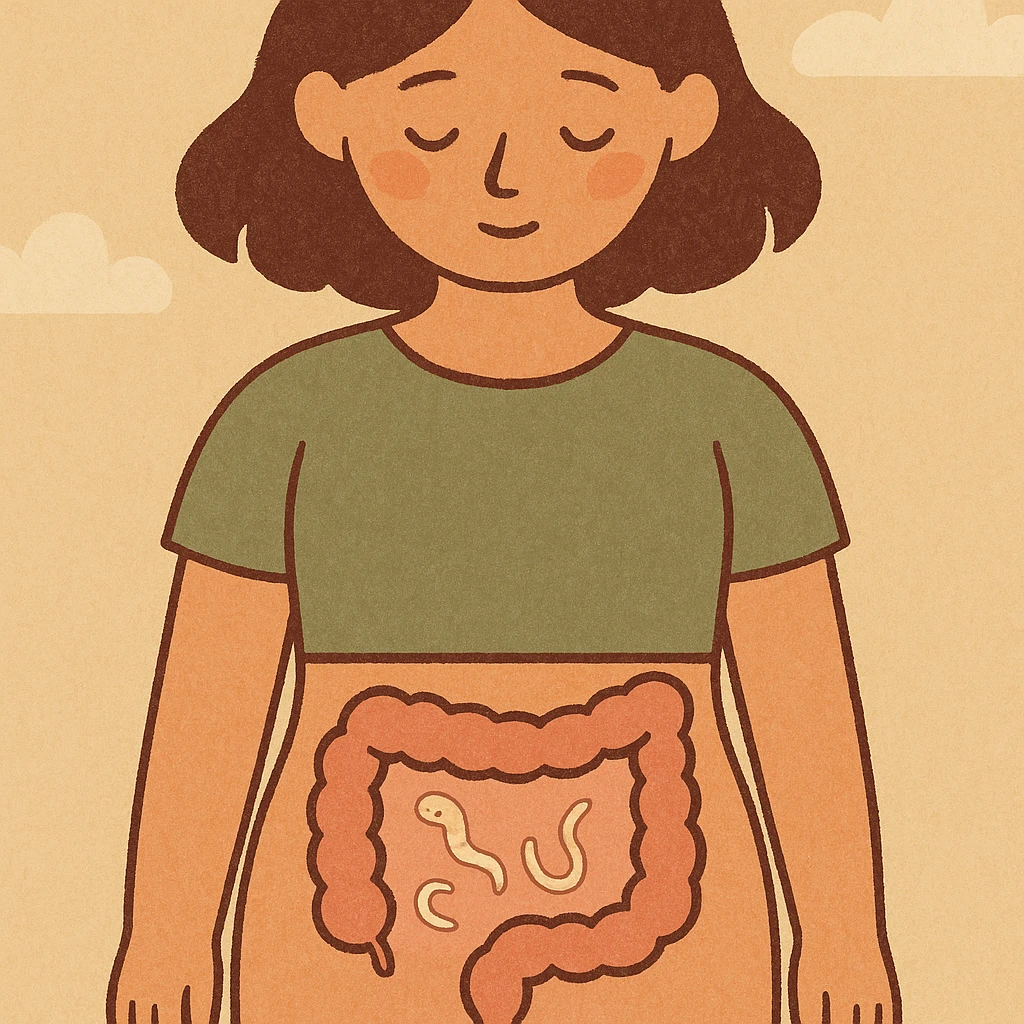 simple infographic style stylized female body section, intestine with few parasites represented as transparent icons, pastel colors, clean and educational atmosphere, 4K resolution emoji