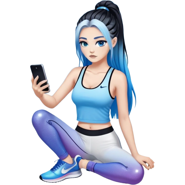 Shameful-Female-very very very large chest-texting on a samsung cell phone-very long straight braided black to sky blue hair ombre-blue eyes-black eyeliner-long eyelashes-iridescent low cut tank top with glitte logo-white leggings-nike high top sneakers emoji