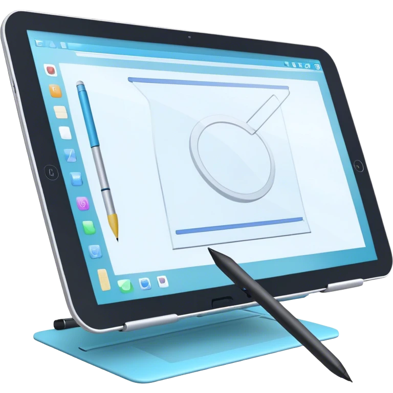 Create an emoji for 3D visualization and modeling. Show a large graphic tablet with a stylus drawing in a 3D modeling program. The 3D model on the screen should appear to protrude out of the screen. Use modern, professional colors. Make the background transparent. emoji